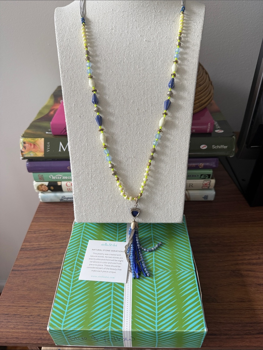 NWT Stella & Dot Silver Tone Chain Azure Tassel Long Necklace w/Blue Beads.